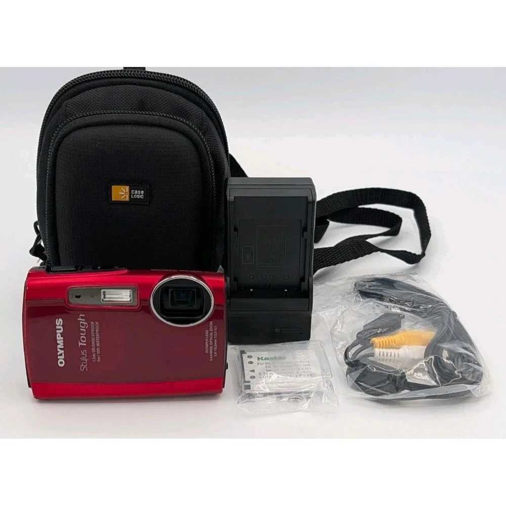Olympus Stylus Tough 3000 12MP Red Waterproof Camera Bundle w/Case Batteries